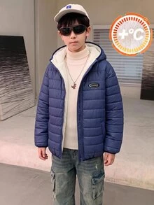 兒童青少年男孩休閒連帽前開襟長袖梭織冬季外套派克大衣，適合通勤、上學、日常休閒、度假旅行與運動，適用秋冬季節，黑色 - 藍色 - 查看 2