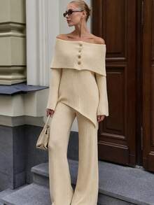 CLARA VERO Off Shoulder Palazzo Knit Set, Evening Or Dinner, Folded Neck, Flare Sleeve, Asymmetric Front - Cream - View 9