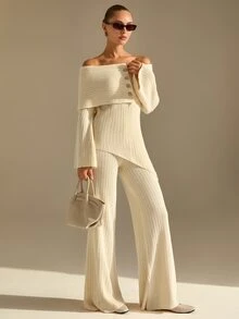CLARA VERO Off Shoulder Palazzo Knit Set, Evening Or Dinner, Folded Neck, Flare Sleeve, Asymmetric Front - Cream - View 2