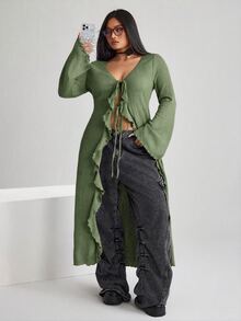 SHEIN ICON ICON 大尺碼女款 V 領前綁帶喇叭袖針織上衣 秋季 - 軍綠色 - 查看 5