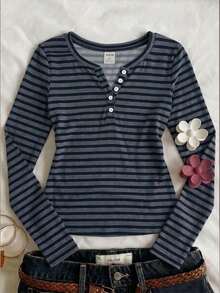 Tween Girl Versatile Striped Button Half-Placket Long Sleeve T-Shirt, Suitable For Daily Wear And School - White - View 5