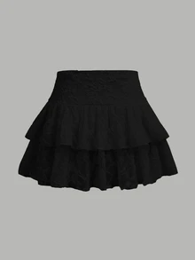 SHEIN Girlism 青少年女孩黑色夏季仙女風派對休閒針織蕾絲抓褶 A 字滑板迷你裙，雙層荷葉邊裙襬內含內褲短褲 - 黑色 - 查看 3
