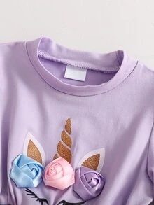 SHEIN Glamorique Kids 女嬰 3D 花朵獨角獸長袖洋裝，薰衣草花瓣袖彩虹薄紗公主芭蕾舞裙，秋季生日可愛女寶寶 - 粉色 - 查看 6