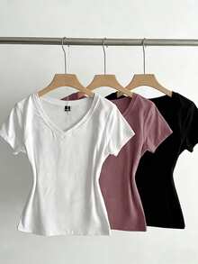 SHEIN EZwear 3件組女款夏季V領修身T恤，龐克次文化動漫純色基礎款短袖修身T恤 - 彩色 - 查看 3