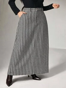 Modelyn Plus Size Women's Houndstooth Casual Daily Wear Skirt - Black and White - View 6