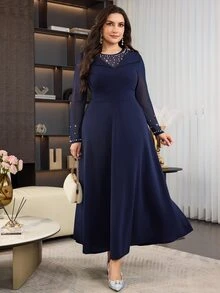 Modelyn Đầm dáng chữ A size lớn vừa vặn, cổ tròn, tay dài, eo chiết, đính ngọc trai trang trí thanh lịch, phù hợp cho tiệc chiêu đãi, đám cưới, Ngày Nhà giáo - Màu xanh hải quân - Xem 4