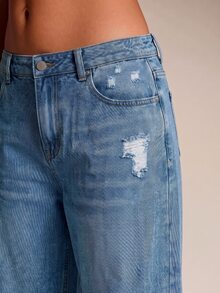 SHEIN Tall 女款街頭風鈕扣口袋水洗破洞牛仔褲 - 中等水洗藍 - 查看 5