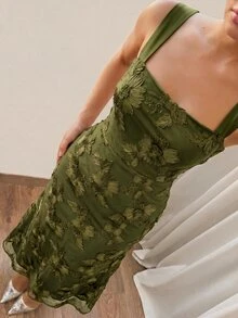 SHEIN Allurite 女款緹花修身優雅無袖長洋裝 - 墨綠色 - 查看 3