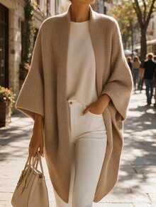 Balvessa Women's Solid Color Casual Versatile Daily Wear Cardigan - Khaki - View 4