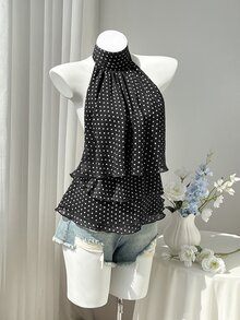 SHEIN EZwear 女款春夏秋棕色與藍色波點印花雪紡掛脖綁帶露背荷葉邊層次上衣，優雅通勤辦公室復古休閒購物約會日常穿搭百搭 - 黑色 - 查看 4