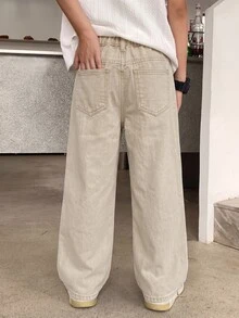 SHEIN 青少年男孩休閒日常穿著牛仔長褲，附口袋 - 卡其色 - 查看 2