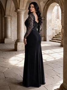 Coutiva Plus Size Elegant Classy Black Fall Formal Dinner Prom Fuchsia Lace Cold Shoulder Ruched Mermaid Maxi Dress Sheer Details New Year - Black - View 2