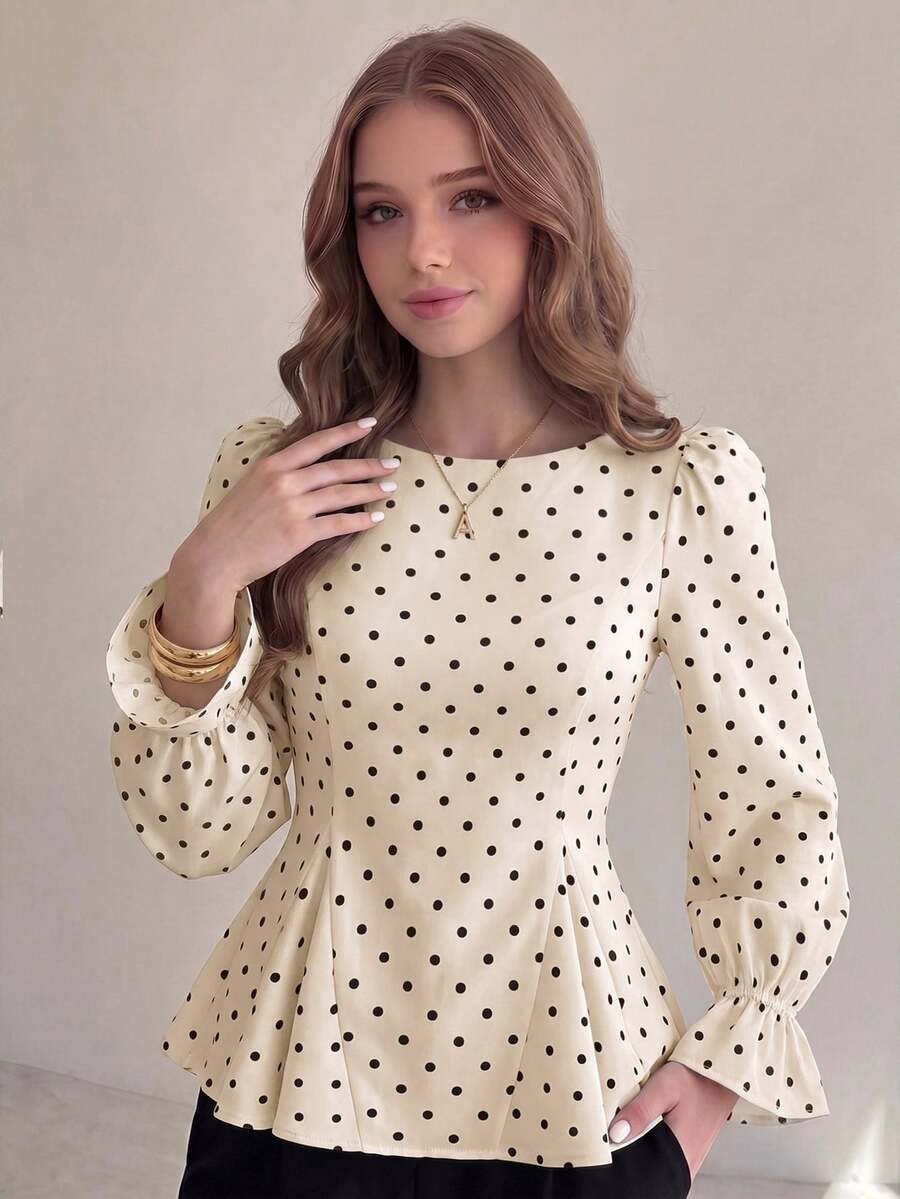 SHEIN 青少年女孩波點百褶休閒百搭日常穿著襯衫 - 杏色 - 查看 1
