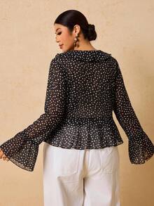 SHEIN VCAY Plus Size Women Polka Dot Ruffle Collar Front Tie Bell Sleeve Fashion Top - Black - View 5