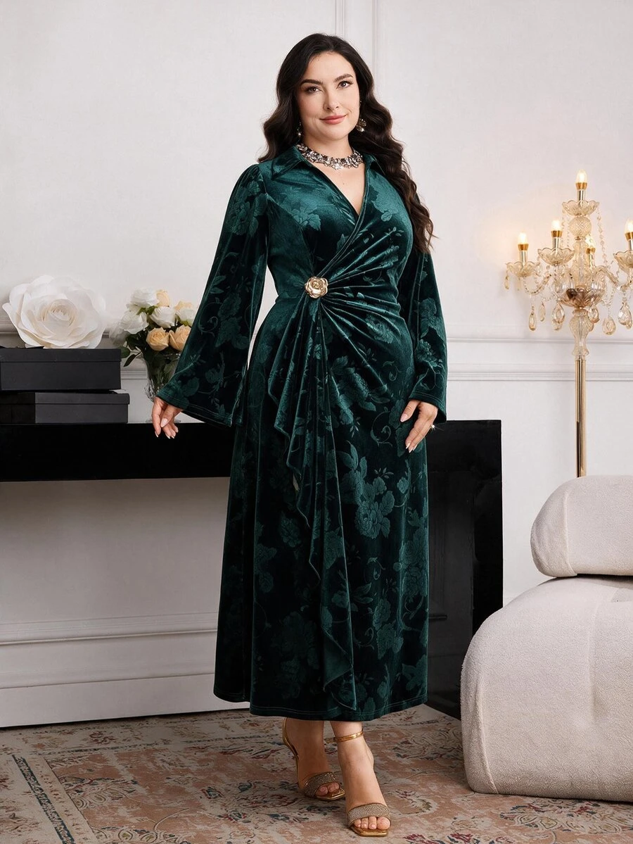 Modelyn Plus Size Women's V-Neck Metal Decor Casual Party Dress - Dark Green - View 1