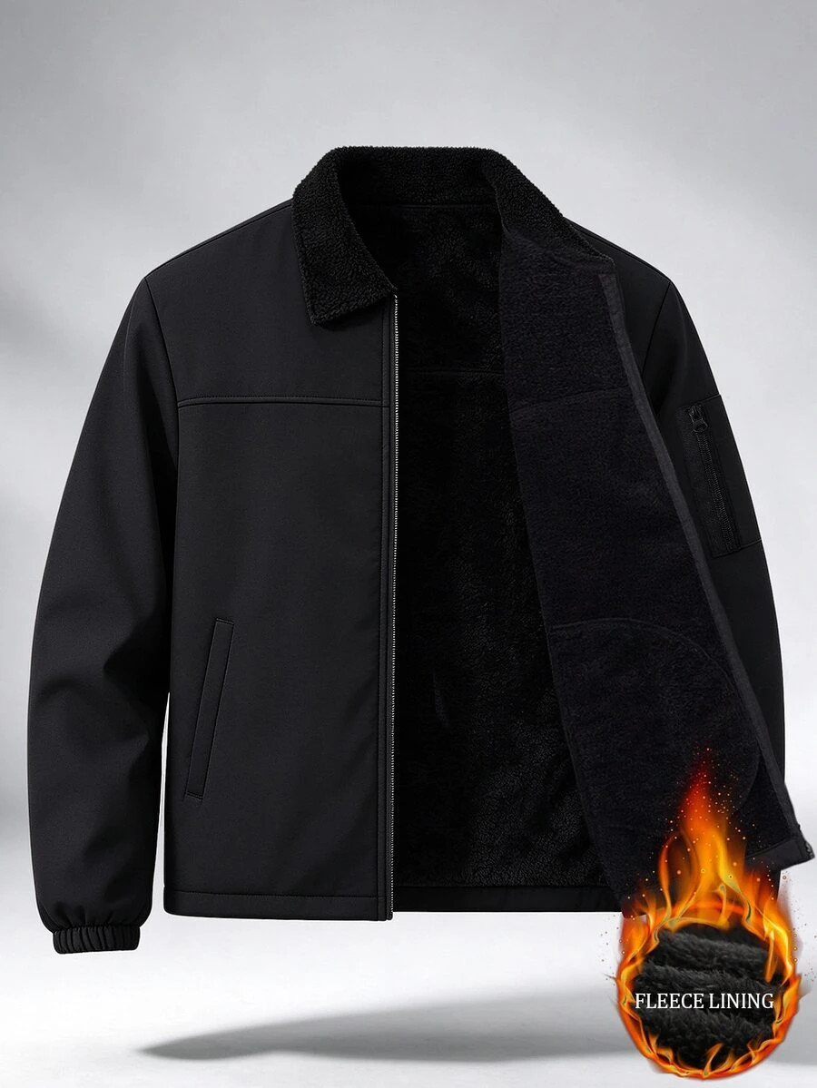 Manfinity Homme Thermal Lined Men's Letter Print Zip-Up Long Sleeve Jacket - Black - View 1
