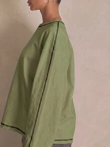 MUSERA 水洗寬鬆長袖上衣 夏季運動休閒日常街頭風 春季穿搭 - 軍綠色 - 查看 5