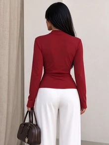 INAWLY Burgundy Deep V-Neck Tie-Front Long Sleeve Ribbed Knit Top, Slim Fit - Burgundy - View 5