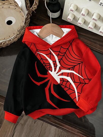 Young Boy Hooded Long Sleeve Sweatshirt, Classic Cool Spider Graphic Print, Spider Web Graphic Print