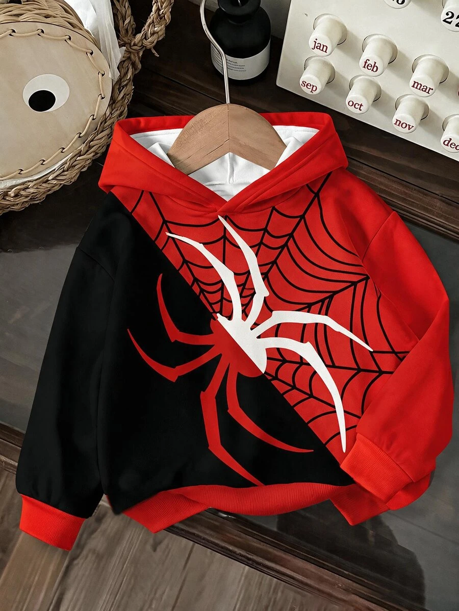Young Boy Hooded Long Sleeve Sweatshirt, Classic Cool Spider Graphic Print, Spider Web Graphic Print - Multicolor - View 1