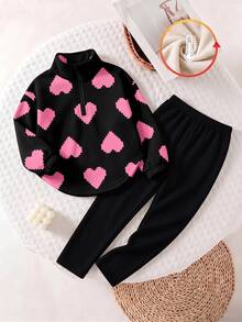 Young Girls Pink Leopard Print Half-Zip Stand Collar Sweatshirt Set With Curved Hem And Elastic Cuffs, Sweet Casual Style - Multicolor - View 3