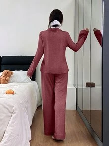 SHEIN 女款寬鬆休閒可愛舒適針織翻領長袖長褲睡衣套裝家居服 咖啡棕 秋季 - 酒紅色 - 查看 2