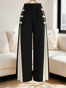 SHEIN PETITE CURVE Plus Size Black & White Color Block Patchwork Wide Leg Pants For Women, Side Button Slit High Waist - Black and White - View 3
