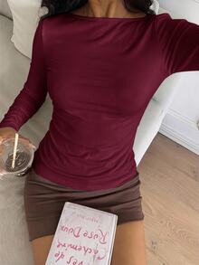 CovetEZ 休閒極簡風酒紅色 95% 棉女款方領長袖 T 恤，秋冬百搭內搭層 - 酒紅色 - 查看 3