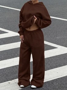 Muchica 休閒極簡風女款兩件套，秋冬女款帽 T 與運動長褲套裝，適合秋冬，百搭，適合日常穿著 - 棕色 - 查看 5