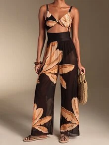 Swim Oasis Deep Brown Floral Print One-Piece Swimsuit And Long Pants 2-Piece Set, Elegant And Exquisite For Women, Beach Vacation, Hot Spring Swimwear Outfit - Multicolor - View 5