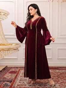 Al Najma Plus Size Women's Colorblock V-Neck Casual Party Arabian Dress - Burgundy - View 6