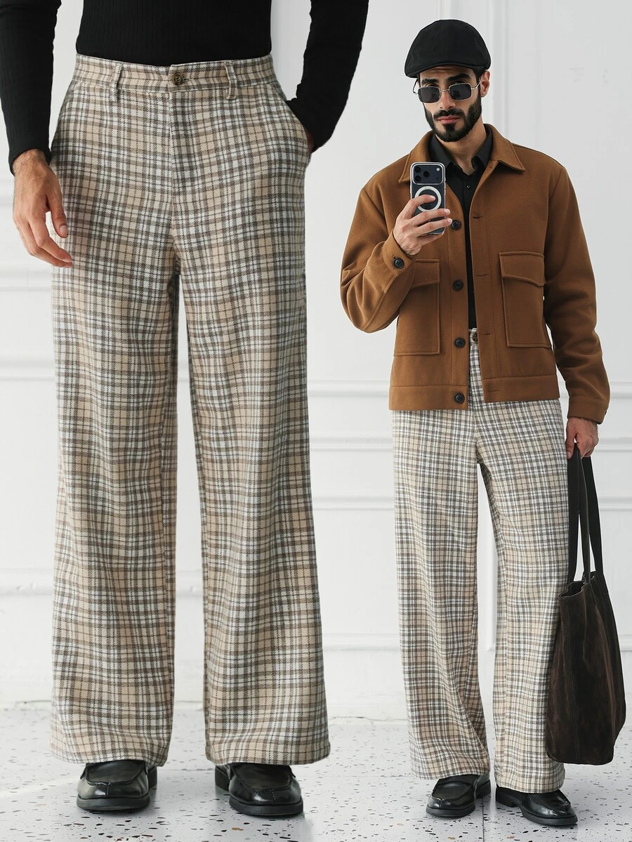 HUEFORM Men's Old Money Khaki Plaid Vintage High-Waisted Slightly Flared Trousers, Commute Plaid Casual Home Daily Outing All Season Versatile Long Pants - Brown - View 1