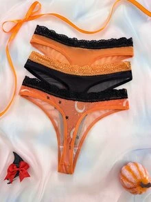 Eraneu Y2K Shibuya Girl Leopard Print Mesh Lace Patchwork Women's Narrow Waistband Panties 3pcs/Pack - Black - View 2