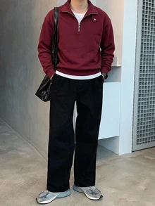 DAZY 男士純色 Polo 領可調節鈕扣設計套頭運動衫，秋冬季 1/4 拉鍊連帽衛衣 - 酒紅色 - 查看 6