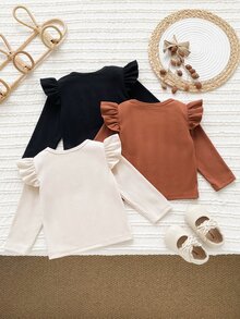 SHEIN Vintaside Kids 3pcs/Set Baby Girls Casual Solid Color Knit Long Sleeve Tops With Ruffle Shoulder, Infant Ribbed Crew Neck Pullover Tees - Multicolor - View 2