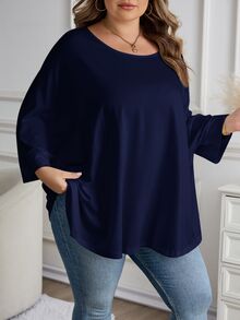 SHEIN CURVE+ 2件組女款大尺碼休閒寬鬆七分袖T恤/秋冬款 - 彩色 - 查看 4