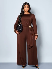 SOLERSUN Plus Size Solid Color Draped Long Sleeve Jumpsuit, Round Neck, Minimalist Cut, Waist Side Metal Buckle With Flap, Evening Party, Elegant Mature Style, One-Piece - Coffee Brown - View 2