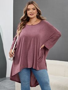 SHEIN CURVE+ 大尺碼女款寬鬆蝙蝠袖不對稱下擺圓領純色彈性舒適休閒夏季上衣，適合秋冬 - 酒紅色 - 查看 7