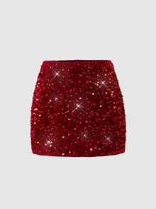 SHEIN Tween女孩童裝紅色亮片A字裙，適合假日派對、正式場合、典禮、生日派對及日常休閒穿著 - 酒紅色 - 查看 7