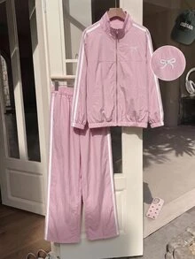 SHEIN 女童小女孩拼色條紋拉鍊外套配蝴蝶結、鬆緊腰長褲，復古套裝，日常穿著校園返校裝 - 藕粉色 - 查看 5