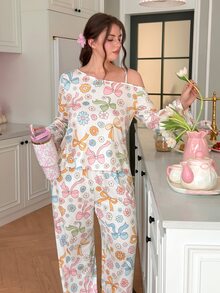 Slumberry CURVE Sweet Cute Colorblock Bow & Floral Print Asymmetric Shoulder Strap Knit Plus Size Pajama Set - Multicolor - View 4
