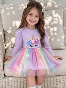 SHEIN Glamorique Kids 女嬰 3D 花朵獨角獸長袖洋裝，薰衣草花瓣袖彩虹薄紗公主芭蕾舞裙，秋季生日可愛女寶寶 - 粉色 - 查看 3