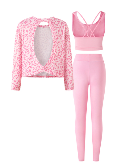 SHEIN Girls' 3 Pieces Sports Set, Back Criss-Cross Strap Camisole + Slim Fit Long Pants + Pink Leopard Print Full Print Backless Long Sleeve T-Shirt Cover-Up, Multiple Wearing Styles, Suitable For Yoga, Outdoor Sports, Casual Daily Wear, Easy To Match, Autumn/Winter