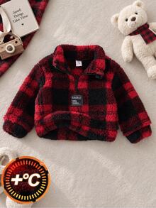 SHEIN 嬰兒男/女童簡約紅黑格紋雙面刷毛立領長袖半拉鍊衛衣，柔軟舒適，秋冬冬季，聖誕 - 紅色 - 查看 4