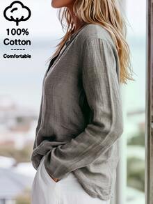 Balvessa Women's Solid Color Notched V-Neck Long Sleeve Casual Blouse - Light Grey - View 5