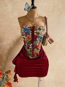 Soleia Women's Floral Print Ruched Elegant Waist-Cinching Strapless Mini Dress For Date - Red - View 6