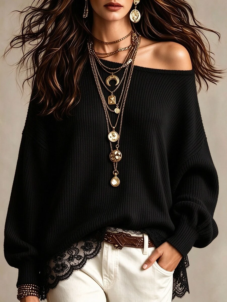 Balvessa Women's New Autumn/Winter Black Knitted Elastic Ribbed Contrast Lace Asymmetric Shoulder Long Sleeve Top - Black - View 1