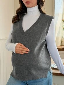 Dazy Maternity Solid Color Loose V-Neck Sleeveless Casual Vacation Korean Style Spring/Autumn Maternity Sweater Vest - Grey - View 7