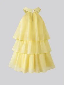 SHEIN 女童休閒仙女公主風黃色對比領收腰針織洋裝，生日禮物，夏季 7 歲生日，母女套裝 - 黃色 - 查看 2