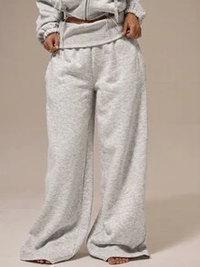 MUSERA ESSENTIALS Off White Fleece Foldover Ribbed Waistband Relaxed Wide Leg Pants Basics Loungewear Casual Everyday Essentials - Grey - View 2